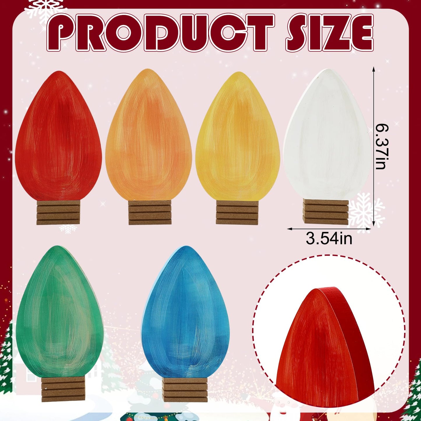 Whaline 6 Pcs Christmas Wood Ornaments Tabletop Signs Orange Blue Red Green White Yellow Wooden Light Bulb Desktop Centerpieces Crafts for Xmas Tree Tiered Tray Fireplace Holiday Winter Decor