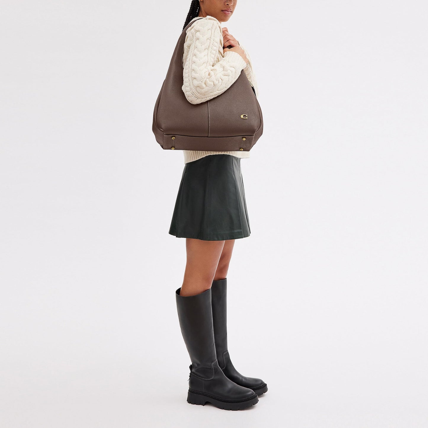 COACH Polished Pebble Leather Lana Shoulder Bag Dark Stone One Size