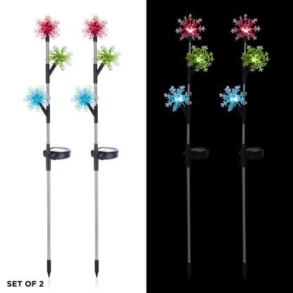 Alpine Corporation 32" Tall Outdoor Tiered Snowflake Garden Solar Stakes with 3 Cool White LED Lights - Set of 2 Christmas Decorations