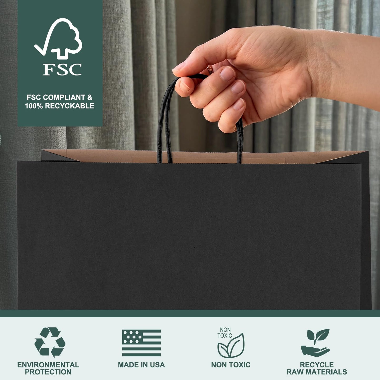 METRONIC Gift Bags with Handles,16x6x12 Inch Recyclable Black Paper Bag 50 Pack, Kraft Shopping for Business Grocery (Bulk)