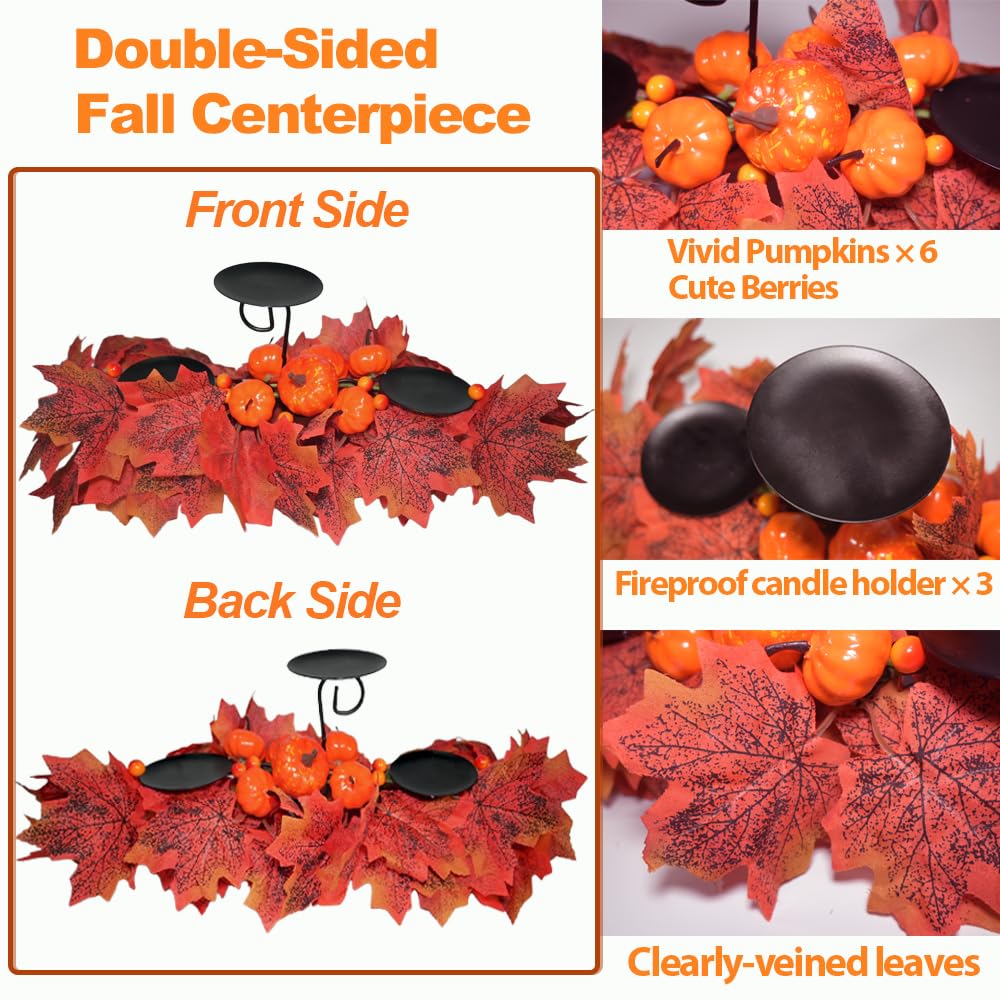 Fall Candle Holder Fall Table Centerpiece with Lights Thanksgiving Table Decor with Pumpkins Berries Maple Leaves Autumn Harvest Decoration with 3 Candle Holders for Dining Table Fireplace Home Decor