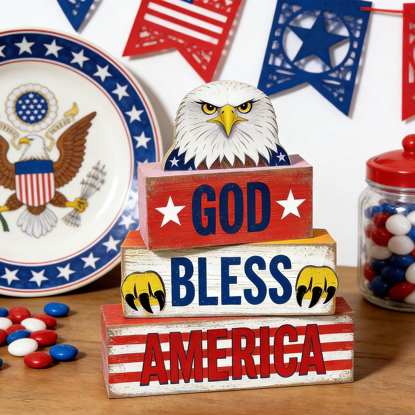 4th of July Table Decorations Patriotic Memorial Day Tiered Tray Decor Wooden Eagle Block Signs Independence Farmhouse 250th July Fouth Centerpiece for Tables Wooden Sign for Home Decor