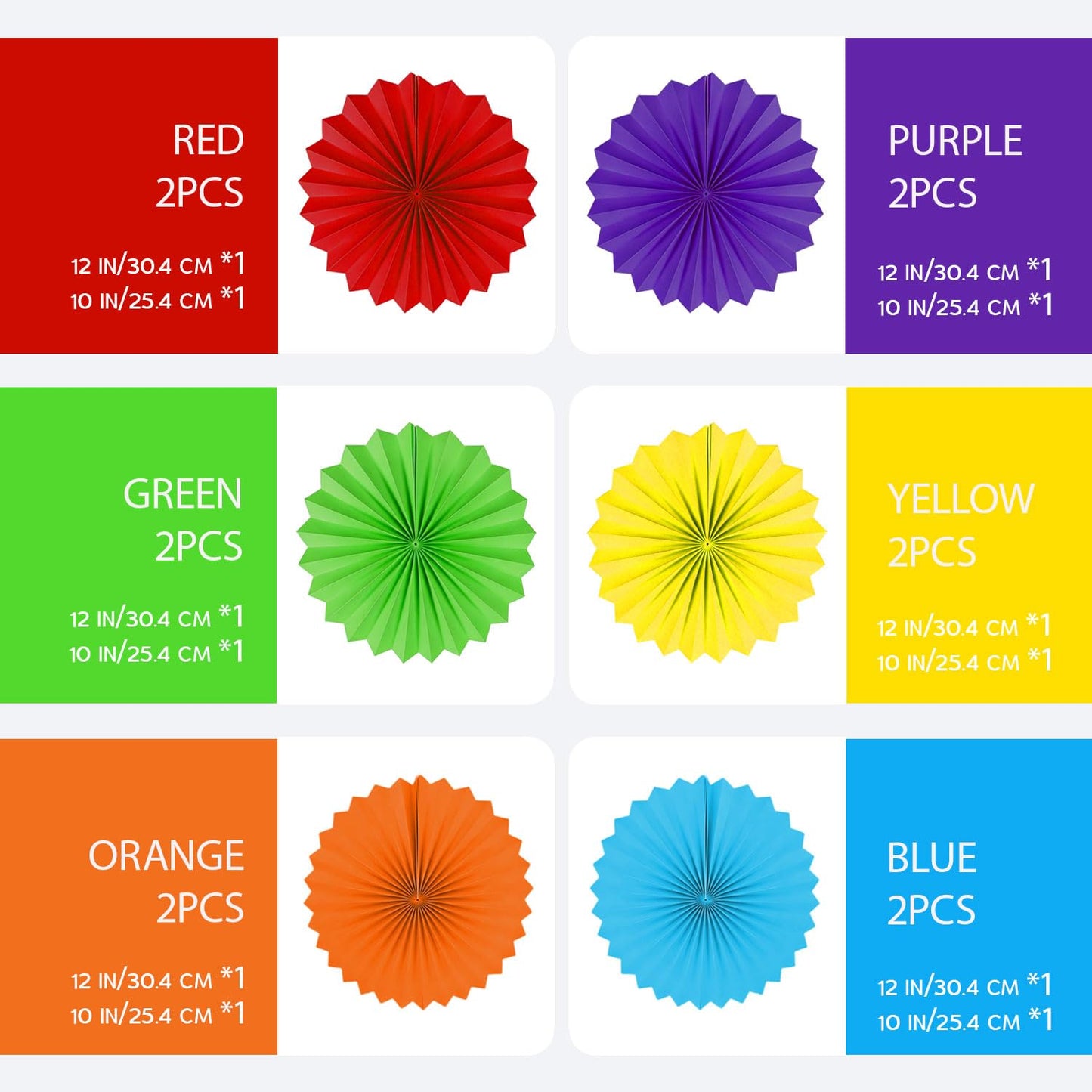 AimtoHome Rainbow Paper Round Fan Decorations,Vibrant Red Green Yellow Blue Orange Purple Hanging Fans, Fiesta Party Decor, Wedding Birthday Backdrop, Back to School Decor, Set of 12, 10", 12"