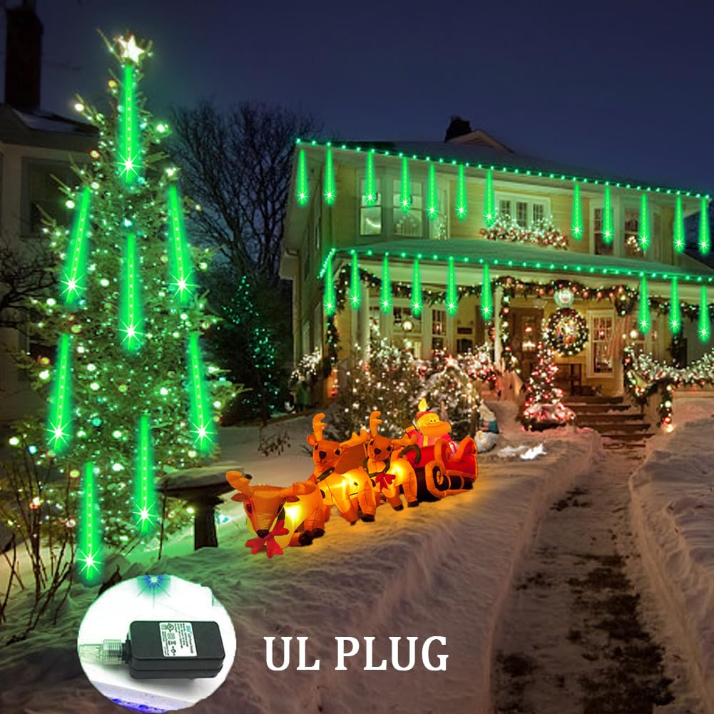 Weepong Halloween Lights Outdoor, Meteor Shower Christmas Lights for Halloween Decorations, 8 Tube 192 LED Snow Falling Rain Icicle String Light for Xmas Christmas Decor Tree Party, UL Plug Green