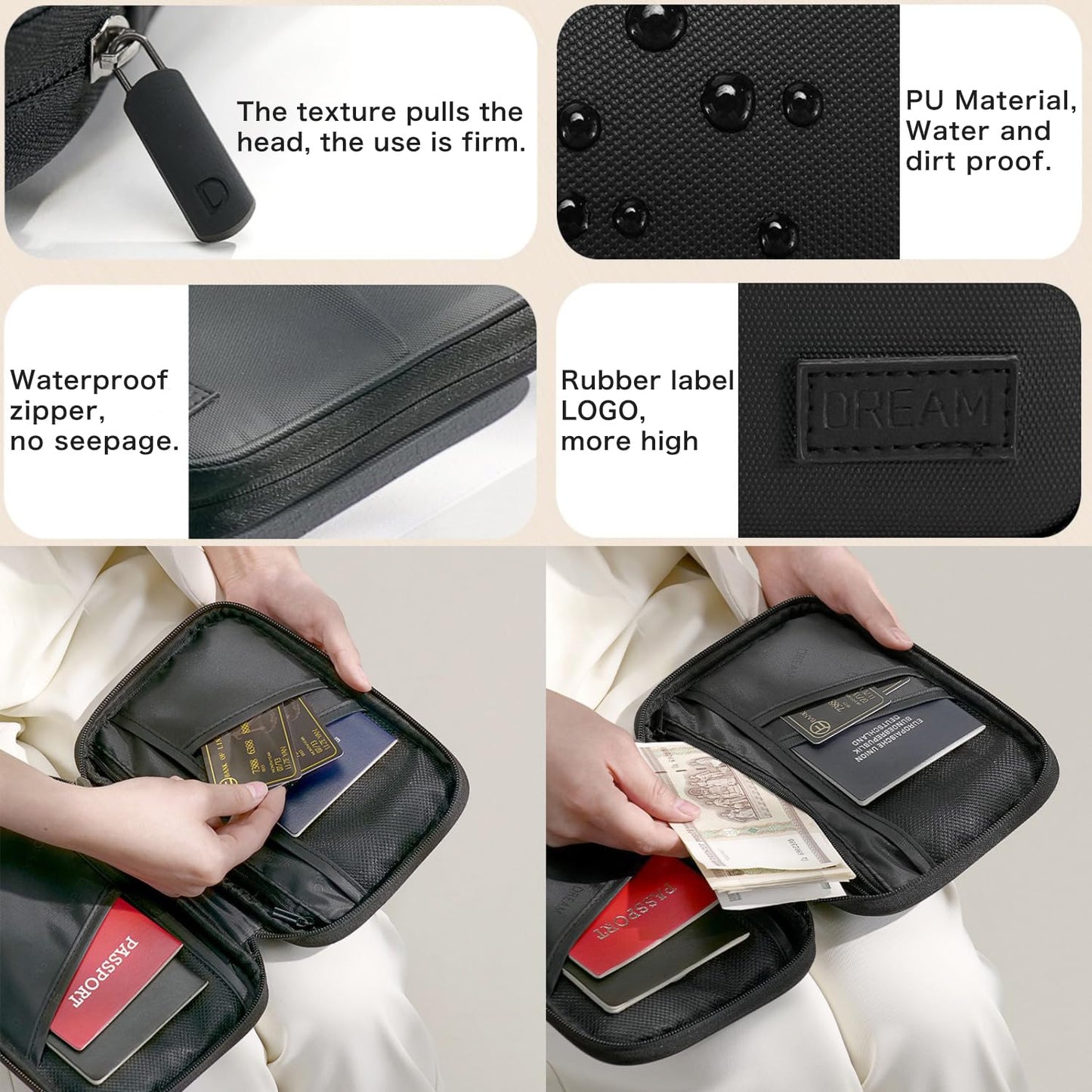 Higoney Waterproof Passport Holder, RFID Blocking Wallet, Portable Travel Document Organizer for Men & Women, Travel Essentials (Black)