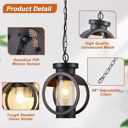 Motion Sensor Outdoor Pendant Light Fixture, Farmhouse Exterior Hanging Lamp with Adjustable Chain, Anti-Rust Aluminum Outdoor Chandelier, Large Exterior Ceiling Mount Hanging Light for Entryway,Porch