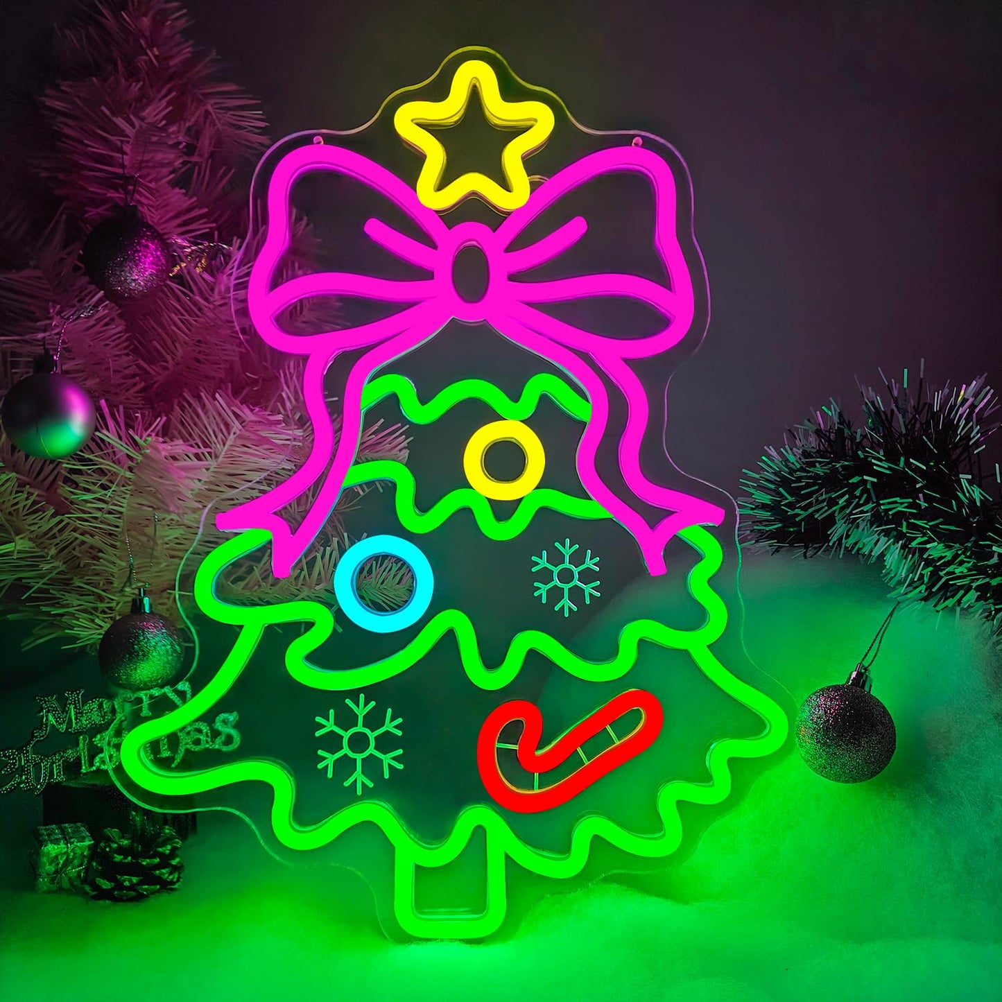 Christmas Neon Sign Pink Bow Christmas Tree Neon Sign for Wall Decor Xmas Tree Led Sign with Star Candy Neon Light Up Signs for Bedroom Window Holiday Door Xmas Party Home Decoration Winter Porch