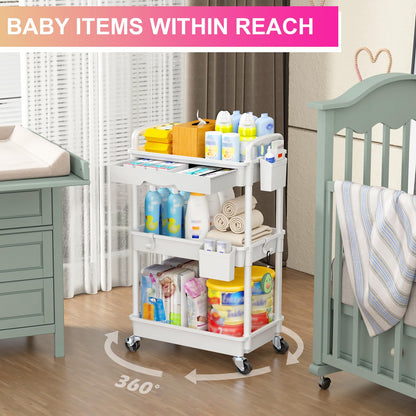 Goovilla 3 Tier Rolling Utility Cart Organizer with Removable Drawer, Stable and Sturdy Black Rolling Storage Carts with 2 Lockable Wheels for Bathroom, Kitchen, Snack, Craft, Makeup, Baby Essentials