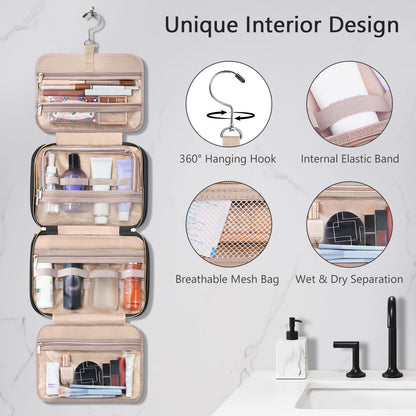 Wedama Toiletry Bag for Women, Hanging Travel Toiletry Bag with Jewelry Organizer Compartment Large Makeup Bag, PVC Waterproof Cosmetic Travel Bag for Travel Business Trips Camping Bathroom, Black