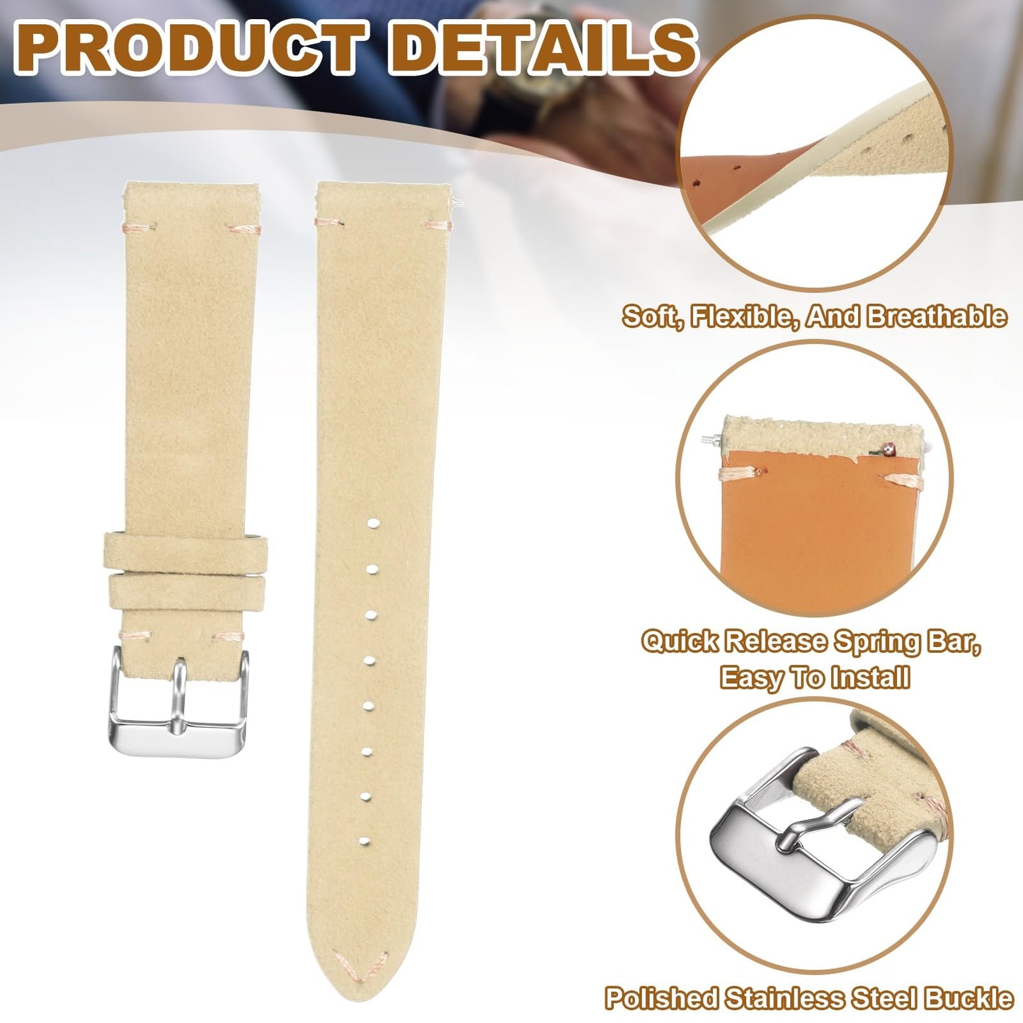 HARFINGTON Leather Watch Band 20mm Width Watch Strap Top-Grain Suede Cowhide Wrist Bands Replacement with Stainless Steel Buckle for Men Women, White