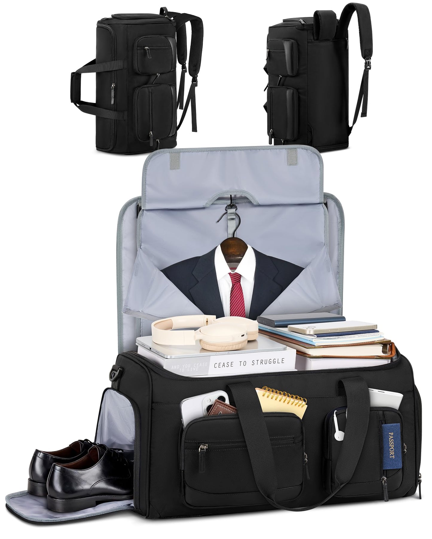 RAINSMORE Convertible Garment Bags for Travel, 45L Garment Duffle bag for Hanging Clothes, 3 in 1 Suit Travel Bag for Business Trips with Shoulder Strap, Carry On Suit Luggage for Men Women, Black