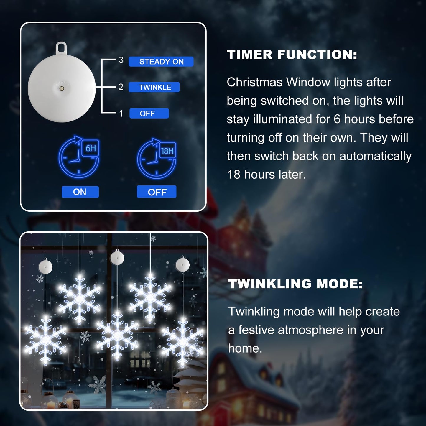 LYUBASA 5Pack Christmas Window Lights Decorations with Timer,Battery Powered Christmas Hanging White Lighted Snowflake Shaped LED Sucker for Xmas Tree Fireplace Indoor Decor