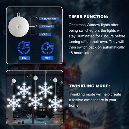 LYUBASA 5Pack Christmas Window Lights Decorations with Timer,Battery Powered Christmas Hanging White Lighted Snowflake Shaped LED Sucker for Xmas Tree Fireplace Indoor Decor