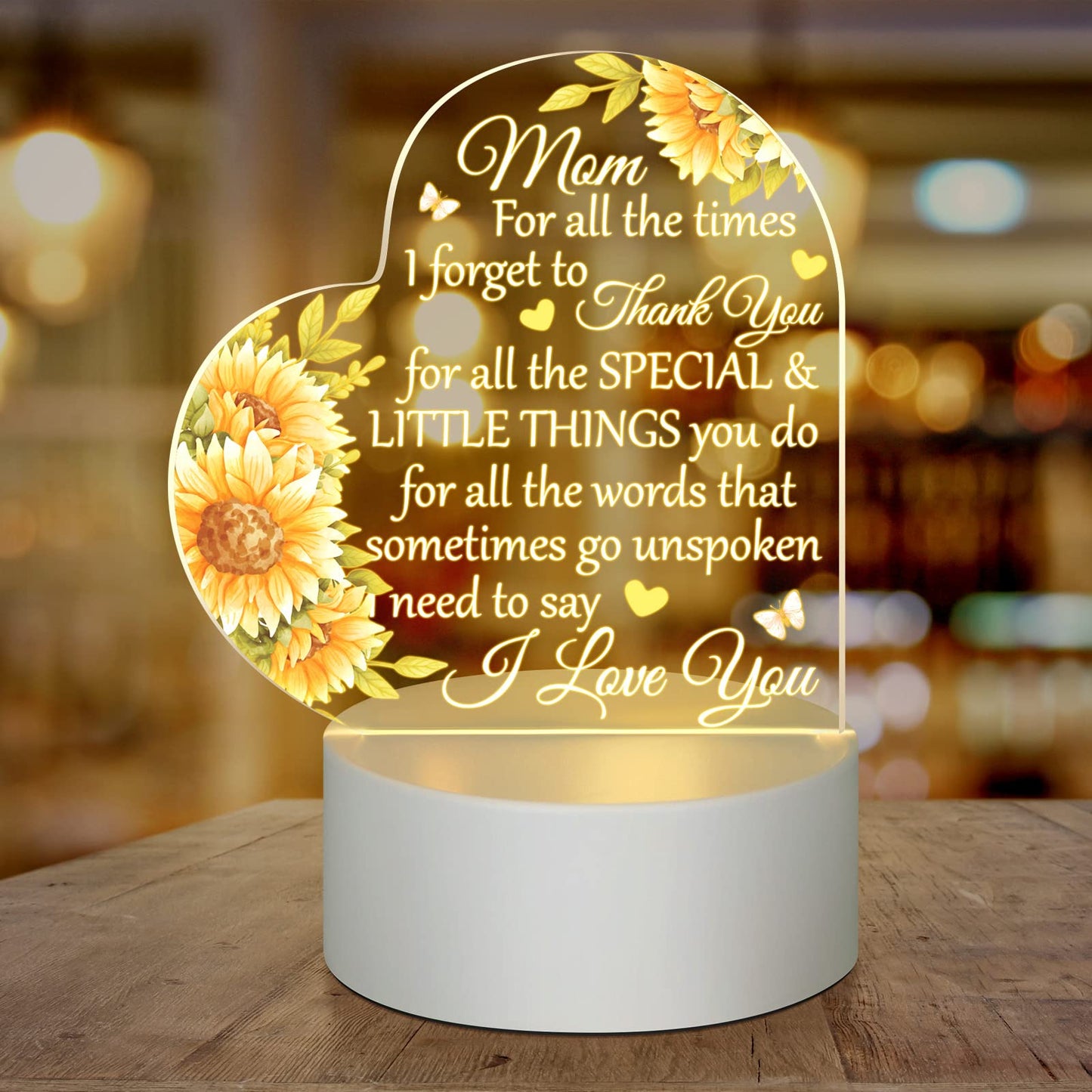 Jetec Mothers Day Birthday Gifts from Daughter Son Christmas Thank You Gift for Mom Sunflower Engraved Acrylic Heart Lamps USB Low Power Night Light Table Decor(Mom for All the Times)