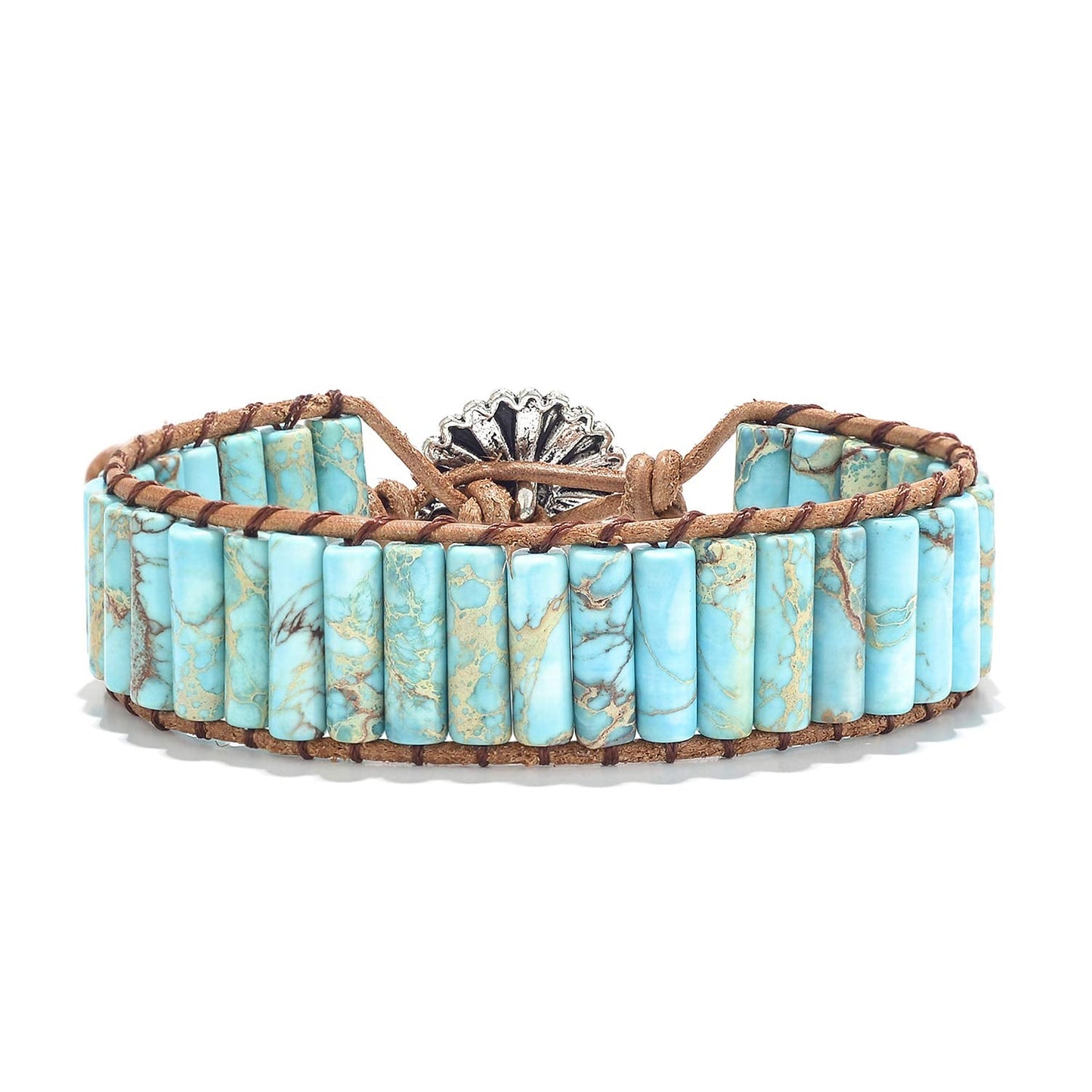 sedmart 7 Chakra Bracelets for Women with Real Stones Leather Wrap Healing Bead Bracelet Women Men Boho Friendship Jewelry… (Flower Button & Turquoise)