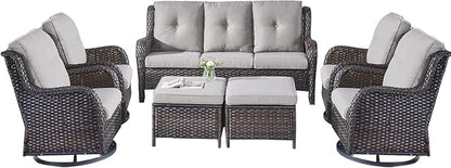 Rilyson Wicker Patio Furniture Set - 7 PC Rattan Outdoor Sectional Conversation Sets with 4 Swivel Rocking Chairs,2 Ottomans and 1 Sofa for Porch Deck Garden(Brown/Grey)