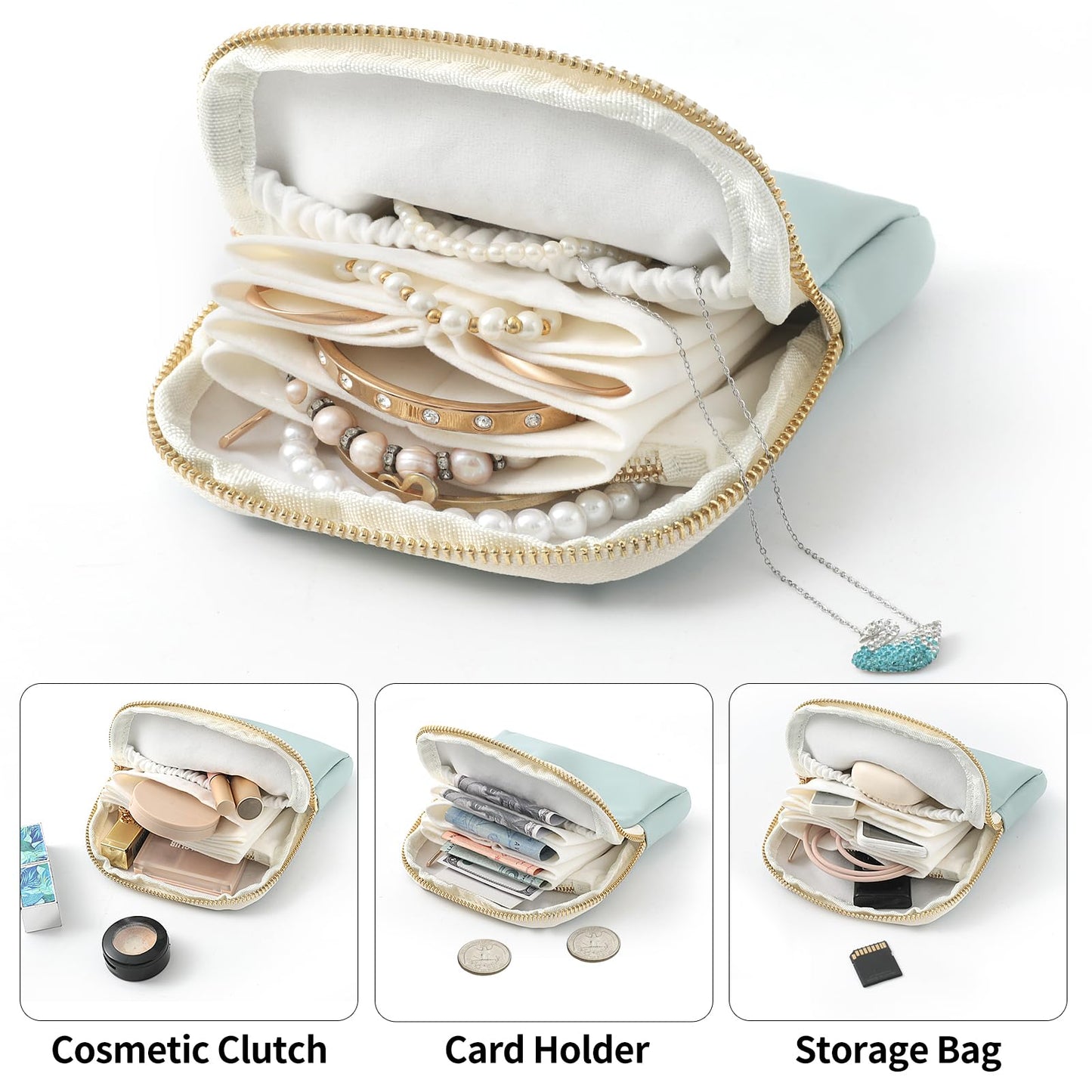 NGVRC Genuine Leather Travel Jewelry Organizer Case Pouch Bags with Zipper, Small Mini Portable Jewelry Storage Bag for Ring Earrings Necklace Bracelet Travel Essentials Gift for Women（Cyan）