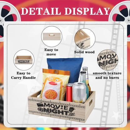 ZQUDBF Wooden Movie Night Snack Tray with Handles – Reusable Popcorn Bucket Organizer for Theater Room Decor – Sturdy Gift Basket for Family Movie Nights & Holiday Parties (Movie Night)