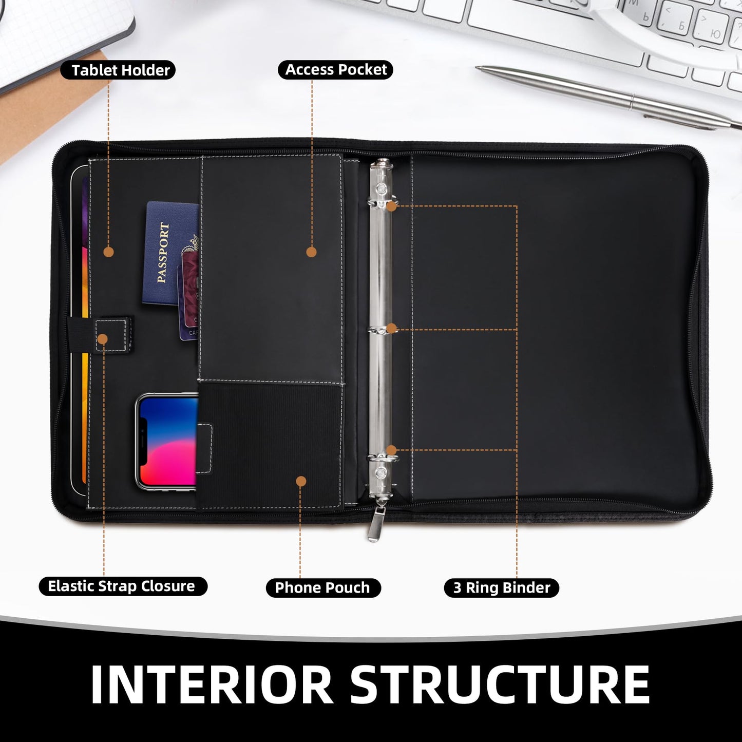 Antner Zipper Portfolio Binder Padfolio 3 Ring Binder 1 Inch Professional Faux Leather Document Organizer Folio for Tablet, Phone, and 8.5x11 Documents, Resumes, Presentation Folders for Men & Women