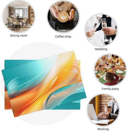 Teal and Orange Abstract Wave Linen Placemats Set of 4, 12 x 18 Inch Washable Non-Slip Heat-Resistant Kitchen Table Mats for Dining Table Outdoor Holiday Wedding Party Farmhouse, Kitchen Home Decor
