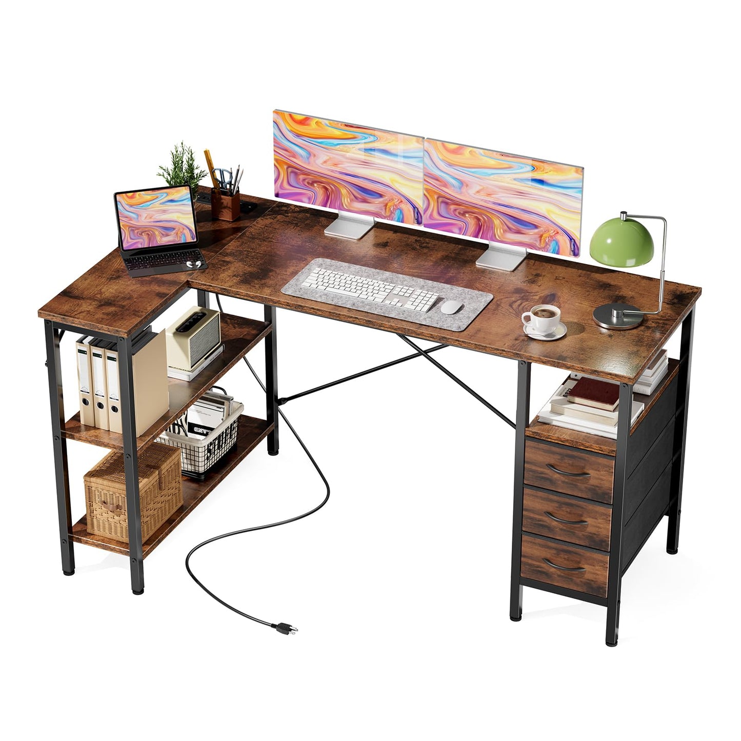 DUMOS L Shaped Desk with Shelf Drawers 55 Inch, Brown Corner Computer Desks Gaming with Power Outlet, Study Table with Adjustable Shelves, Home Office Tables for Bedroom Teacher Reading Writing