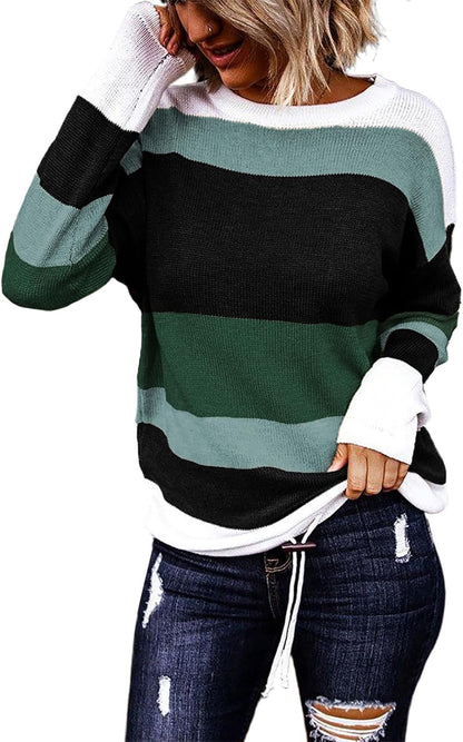 Dokotoo Womens Sweaters Striped Fall Winter Outfits 2025 Crewneck Drawstring Color Block Fashion Clothing