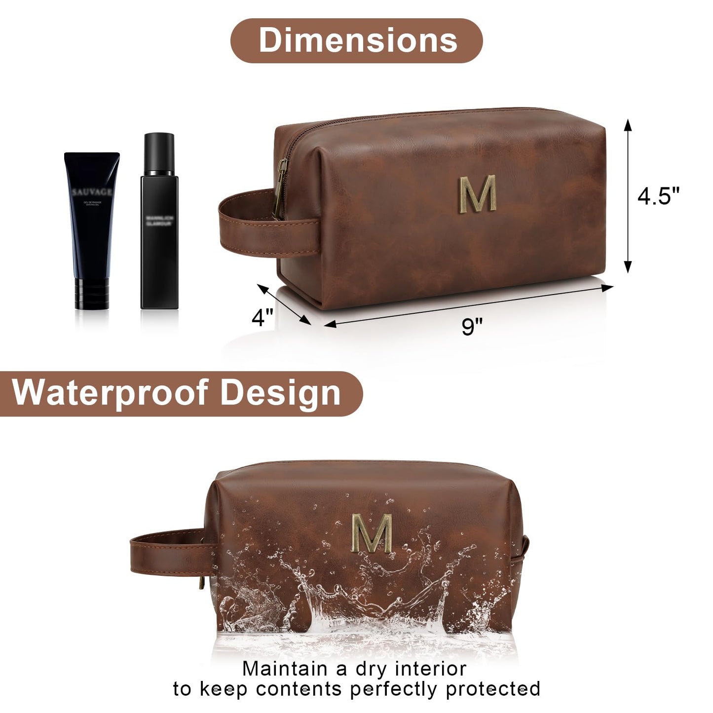 CLOUDWINGS Men’s Father's Day Personalized Gift Initial Travel Toiletry Bag for Him PU Leather Waterproof Shaving Bag for Travel Essentials Birthday Gift for Dad Husband Boyfriend (M)