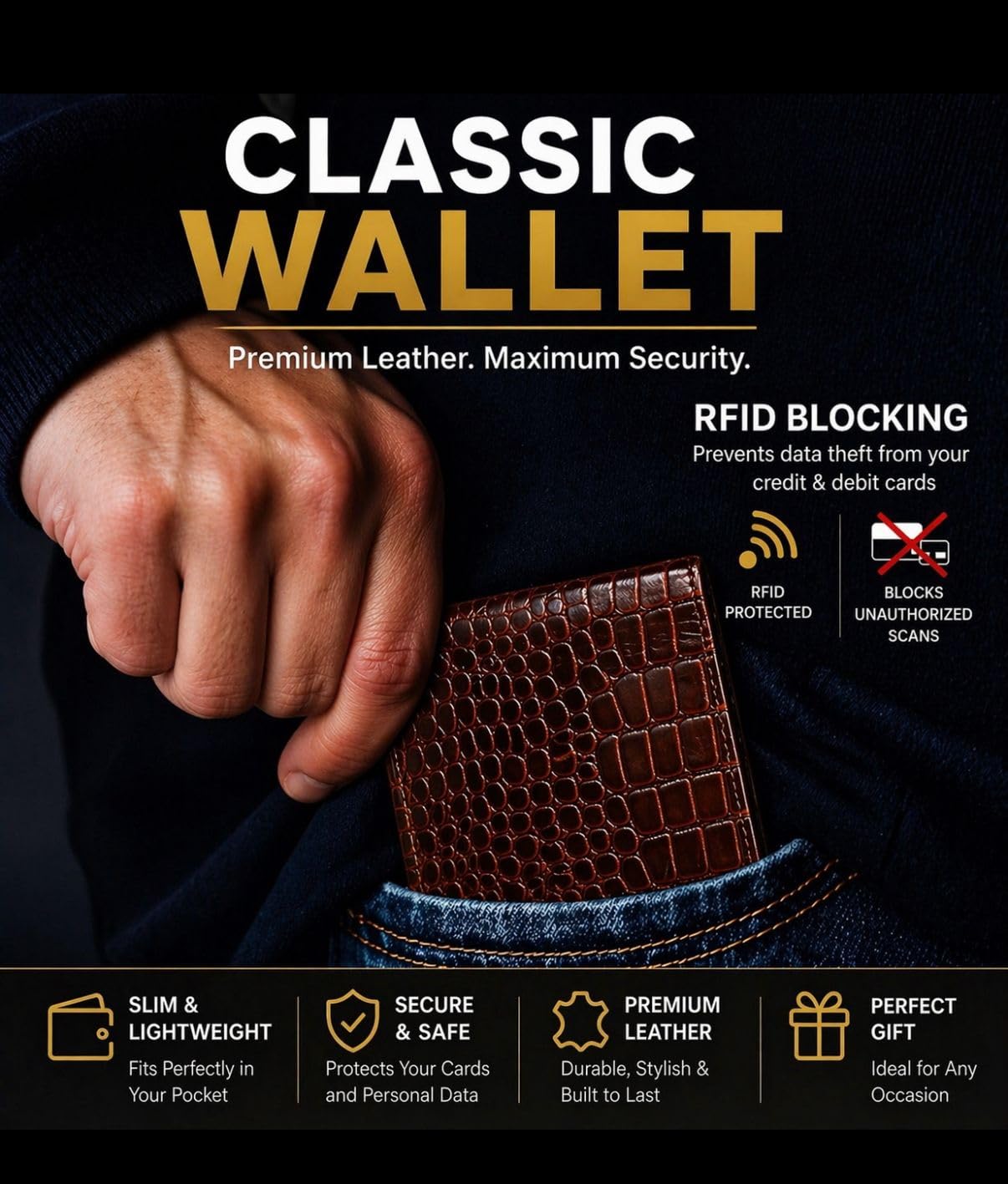 Beaaric Men’s Leather Wallet RFID Blocking Slim Bifold Wallet for Men with 9 Card Slots, 1 ID Window, 2 Hidden Pockets, Zip Coin Pocket & 2 Cash Compartments Stylish Brown Crocodile Pattern