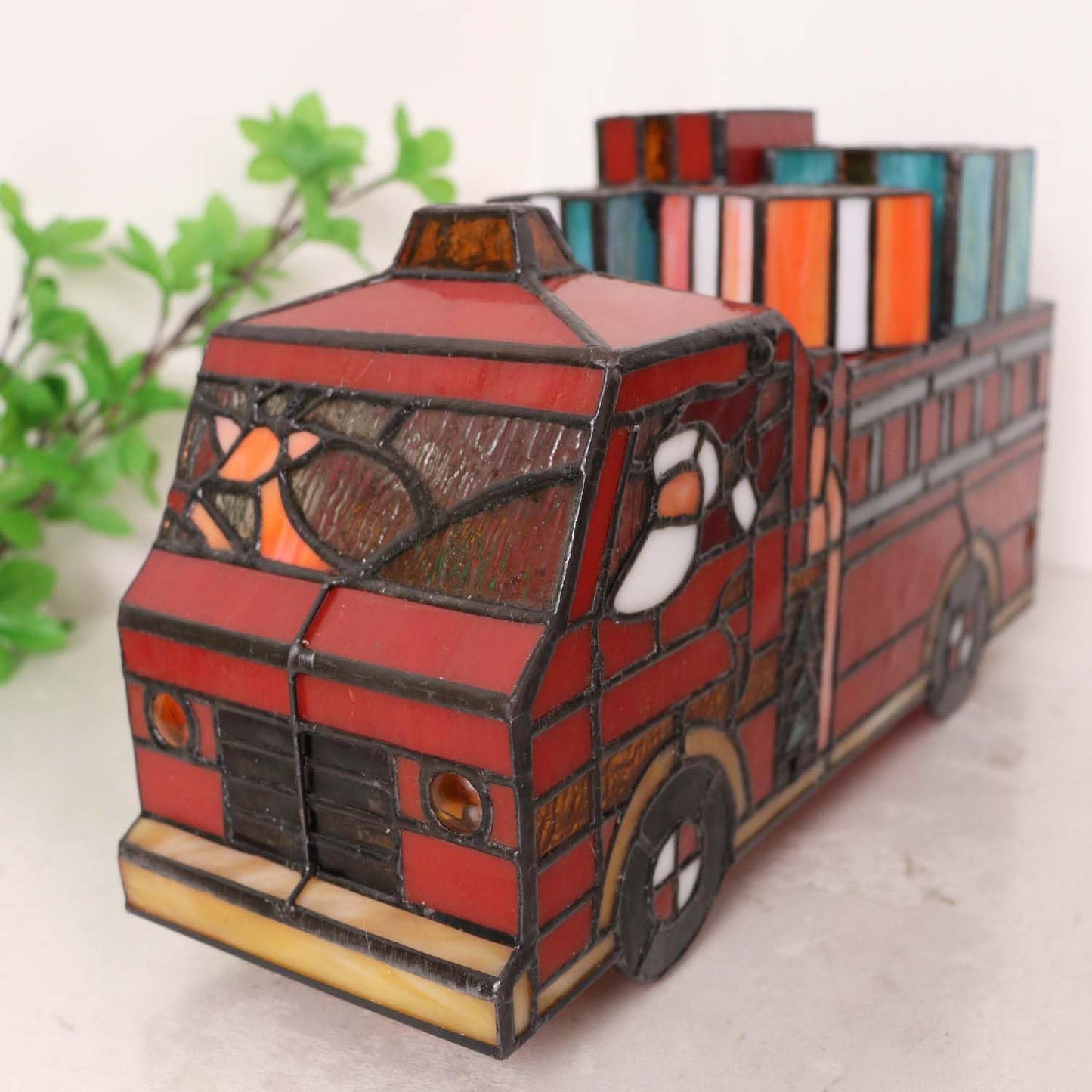 Bieye L12009 Tiffany Style Stained Glass Christmas Fire Truck Table Lamp with Santa, Reindeer, and Gifts, Handmade Holiday Decoration, 12" Wide