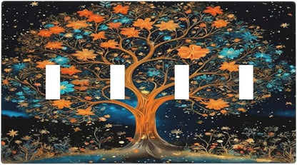 Magical Life Tree in Night Sky Light Switch Covers Quad Toggle 4 Gang Wall Plate Decorative Switchplate Electrical Faceplate for Farmhouse Bathroom Living Decor