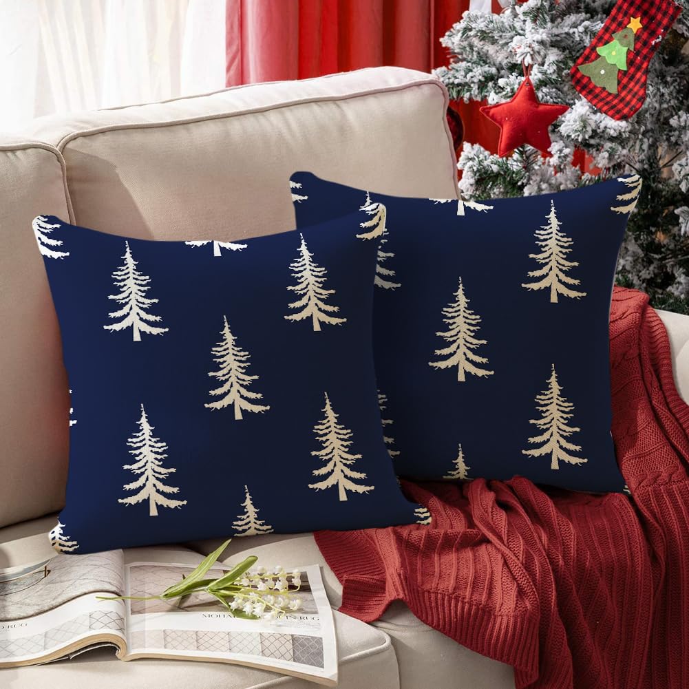 RABUSOFA Christmas Pillow Covers 18x18 inch Set of 2 Indoor Outdoor Waterproof Christmas Decor Tree Decorative Throw Cushion Cases Winter Xmas Holiday Decoration for Couch Patio Dark Blue