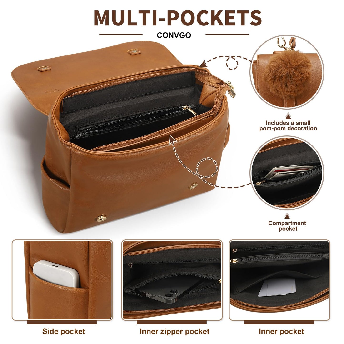 Convgo Mini Backpack Purse for Women, Small Fashion Backpack Vintage PU Leather Shoulder Bag Casual Travel Collage, Brown