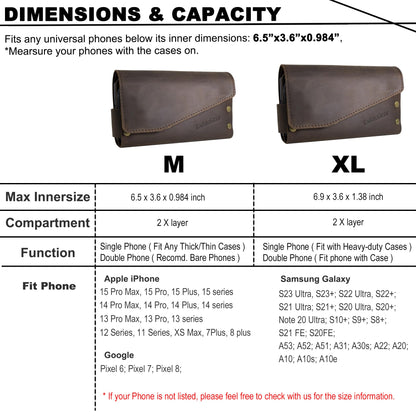 TarbicGear Leather Double Phone Case for Two Phones, Double Phone Holster for Men Belt, Belt Clip Dual Phone Pouch for iPhone 16 Pro Max, Samsung Galaxy S23 Ultra, for Work, Construction, Large Brown