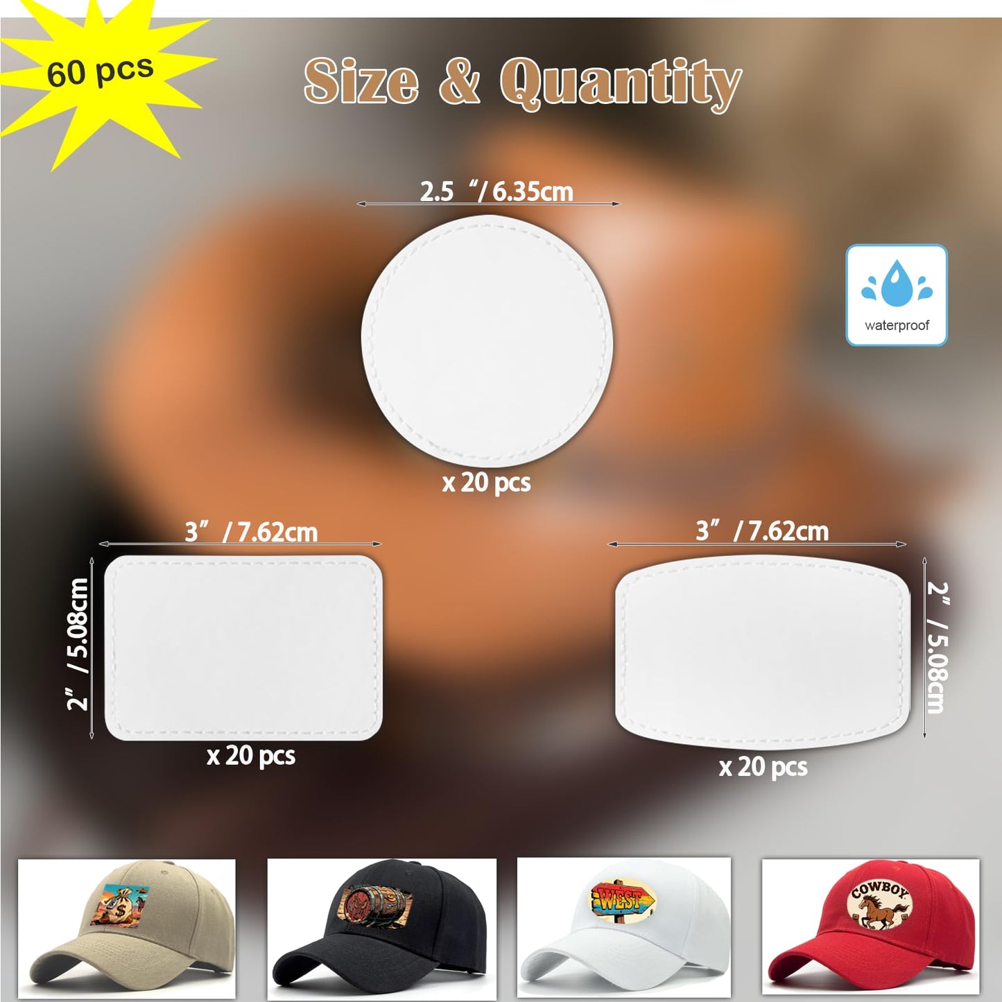 iFForce Full Sublimation Blank Leatherette Patches Without Border - 60 Pcs Waterproof Smooth Glossy PU Iron on Hat Patches - Rectangle Rounded Rectangle Round Patches for DIY Hat & Clothes Business