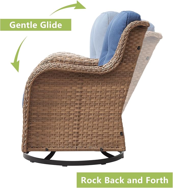 Rilyson Patio Chairs Rocking Swivel Chiar - 3 Piece Outdoor Wicker Patio Bistro Set Rattan Rocker Glider Chairs with High Back and Deep Seating for Outside Porch Deck Garden(Yellow/Blue)