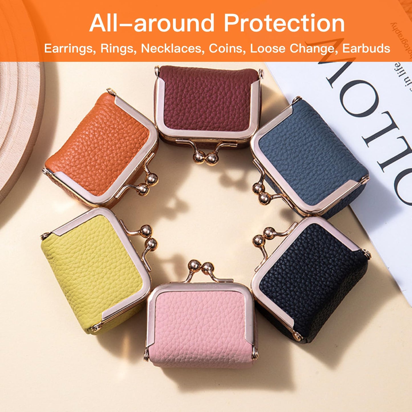 Small Travel Jewelry Box, Genuine Leather Mini Kiss-Lock Coin Purse Organizer, Portable Jewelry Storage for Women (Pink, S)