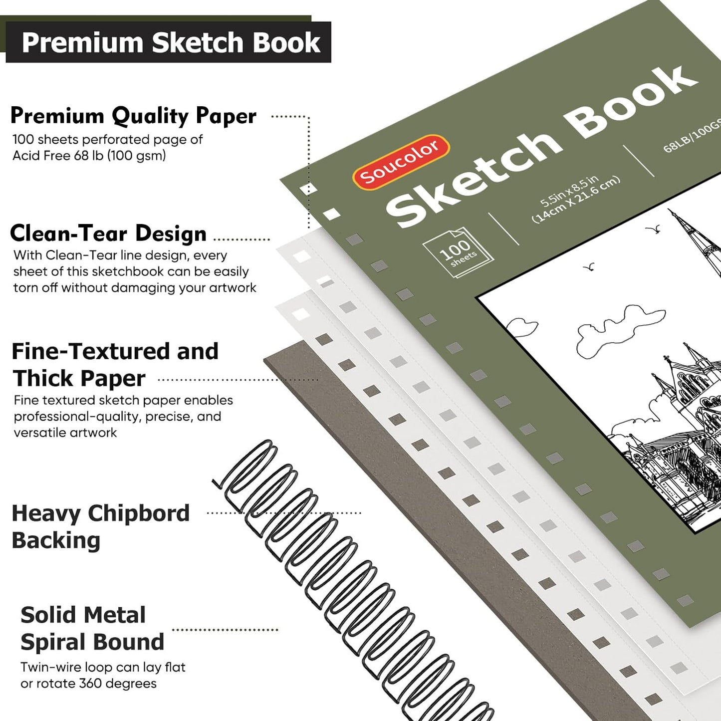 Soucolor 5.5" x 8.5" Sketchbook Pack of 2, 200 Sheets Blank Journal Notebook, A5, Spiral Bound Sketch Pad Drawing Book Acid-Free Paper (68lb/100gsm), Painting Sketching Drawing Notebook Art Supplies