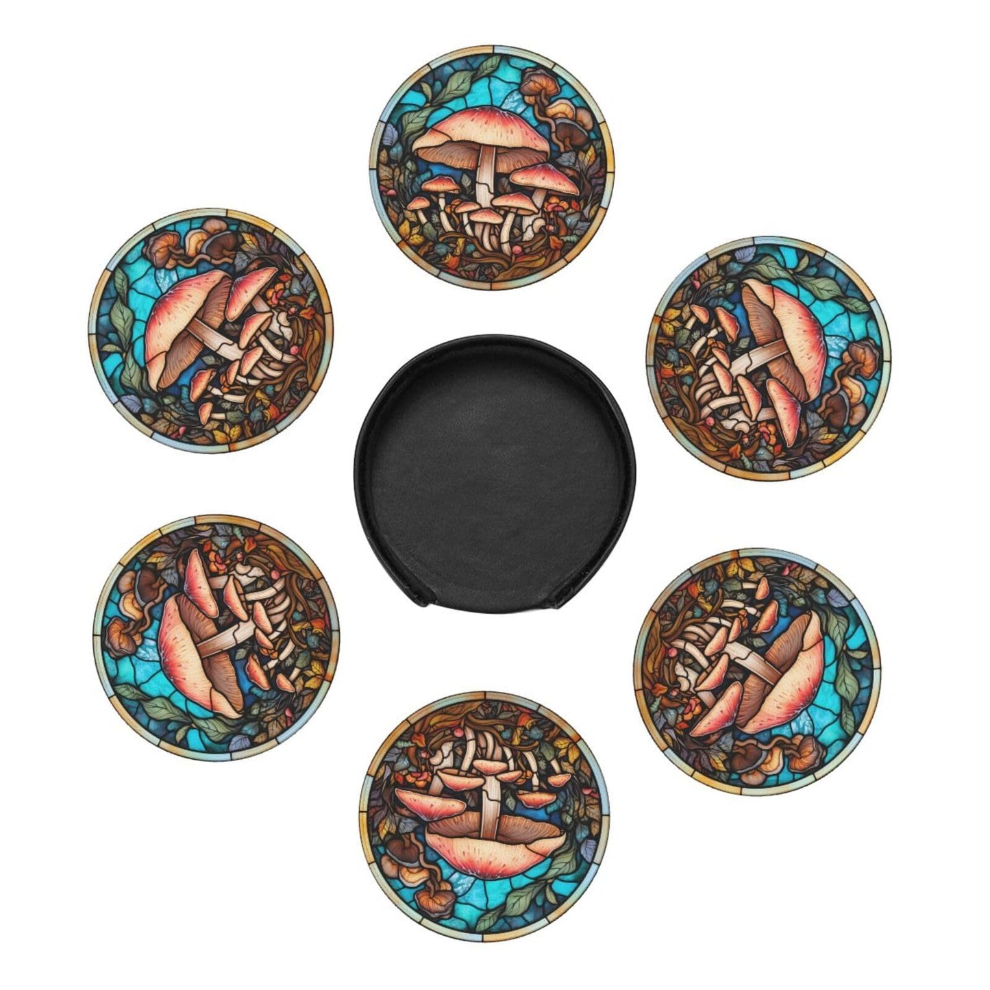 Mushroom Coasters for Drinks,Mushroom Decor Bar Drink Coasters for Coffee Table,Leather Cup Coasters Set of 6 with Holder for Wooden Table,Housewarming Bar Coasters Gifts