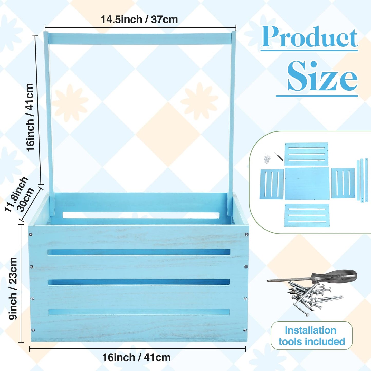 Suzile Wooden Baby Shower Crate Closet Wood Basket for Gifts with Handle Boy Girl Clothes Gender Reveal Storage Box for Newborn New Parent(Blue)