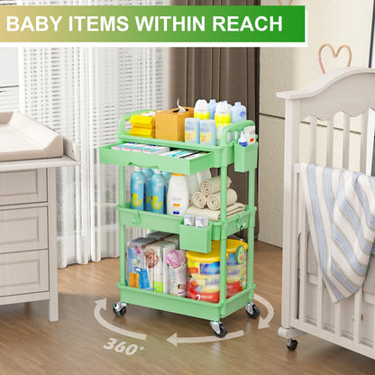 Goovilla 3 Tier Rolling Utility Cart Organizer with Removable Drawer, Stable and Sturdy Black Rolling Storage Carts with 2 Lockable Wheels for Bathroom, Kitchen, Snack, Craft, Makeup, Baby Essentials