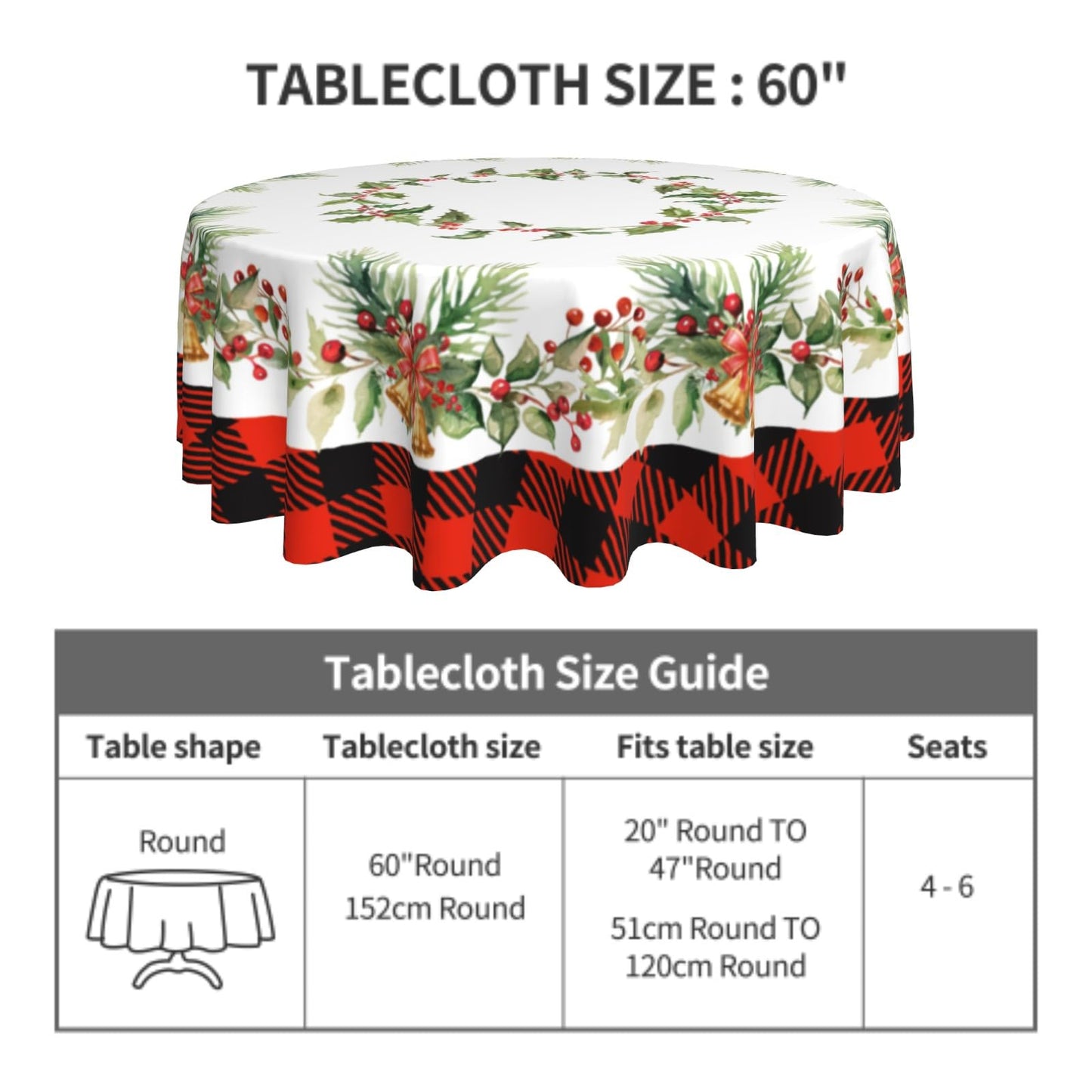 Giwawa Christmas Round Tablecloth for Kitchen Dining, 60Inch Xmas Holly Berries Bells Bows Table Cloth, Red Black Buffalo Plaids Non-Slip Table Cover for Holiday Picnic Tabletop Decor