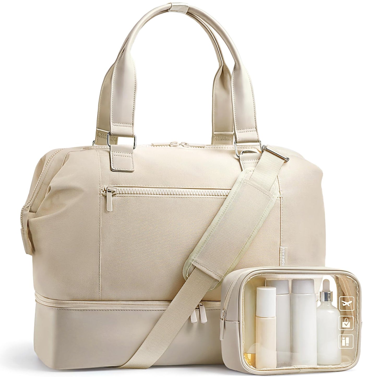 Travel Duffle Bag for Women, 40L Weekender Bags Airline Approved Carry On with Shoe Compartment & Waterproof Wet Pocket, Durable Nylon Weekender Overnight Bag for Travel, Gym, Business Trip, Beige
