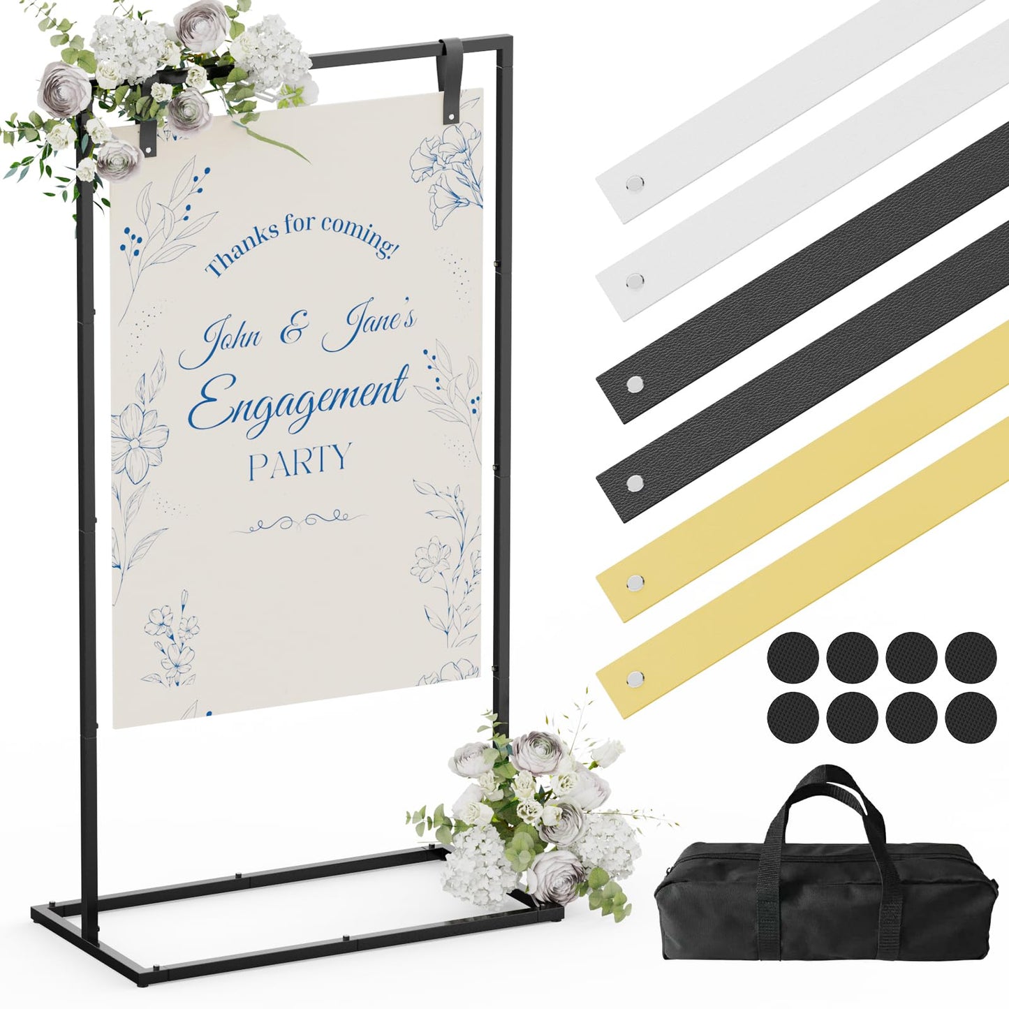 HzTinT Wedding Sign Stand, Adjustable Wedding Welcome Sign Stand with Carry Bag, Leather Hanging Straps, 8 Floor Pads - Black Easel Stand for Seating Charts & Wedding Decor