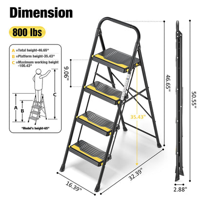 Urackify 4 Step Ladder, Heavy-Duty Pass 800lb Capacity Test, Wide Anti-Slip Steps & Secure Handrail Compact, Folding Step Stool Portable Design for Home, Kitchen, Office, Pantry, Closet Use, Black