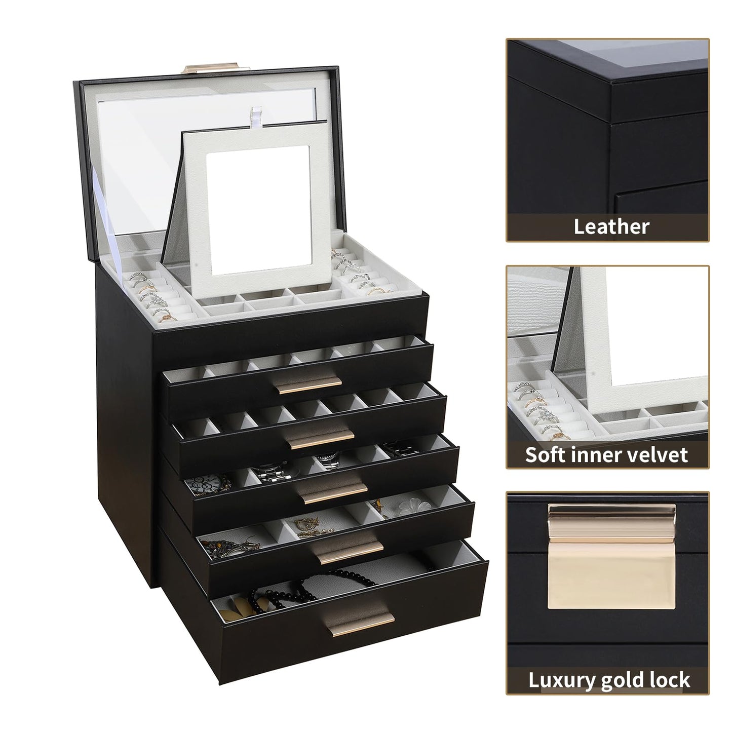 BOOVO Jewelry Boxes for Women, White and Black 6 Layer Large Jewelry Box for Necklace, Bracelet, Earrings, Rings Storage, Jewelry holder Organizer for Girls Gift (Clear Black, 6 layer)