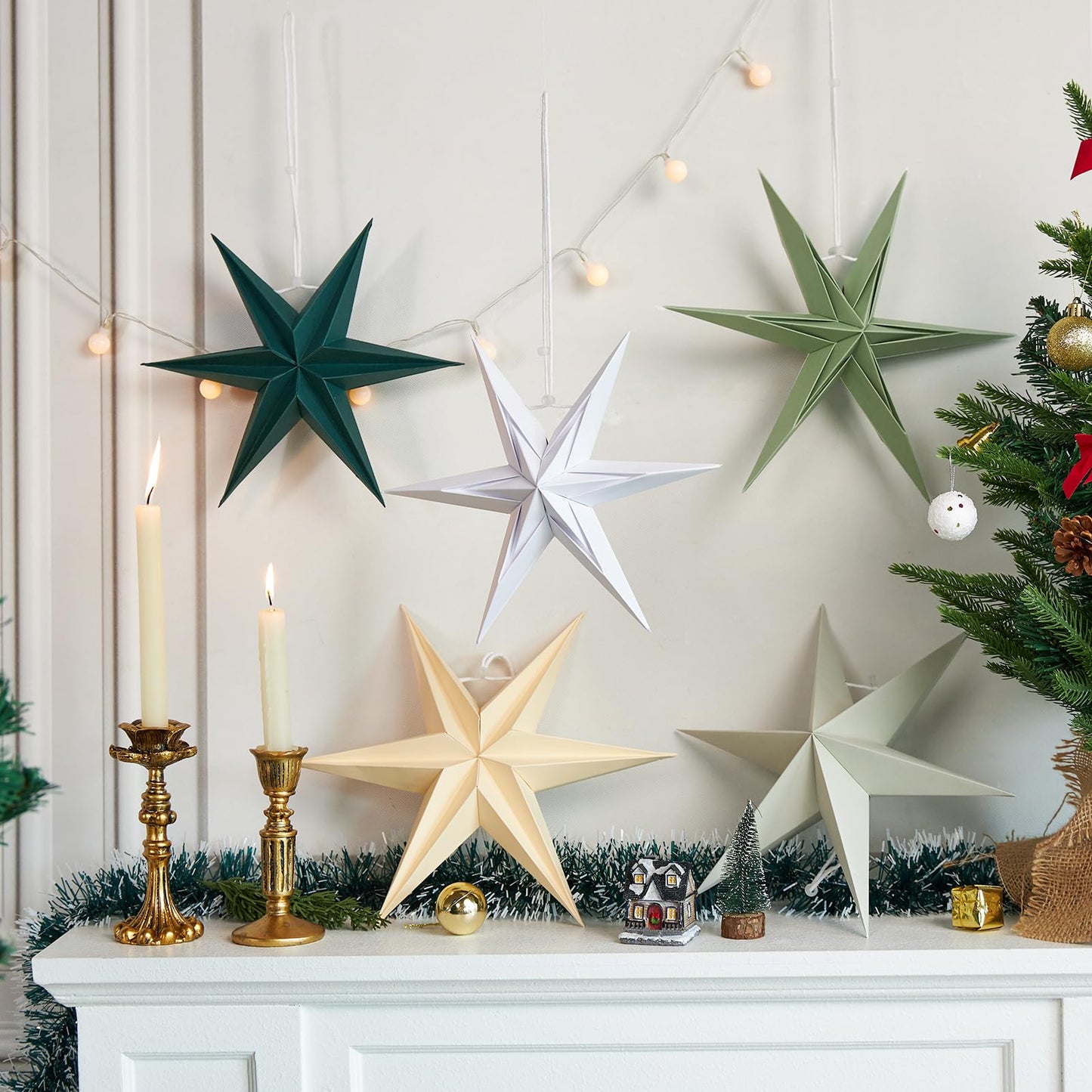 Paper Stars Christmas Party Decorations, 5PCS 6-Pointed Paper Star Hanging Decoration Set Holiday Decor Stars Shape Landerne for Birthday Party Tree Xmas Home Decor