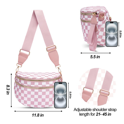 Checkered Crossbody Bag,Nylon Bum Bags for Women Crossbody,Spacious Sling Bag Purse Fanny Packs with Shoulder Strap