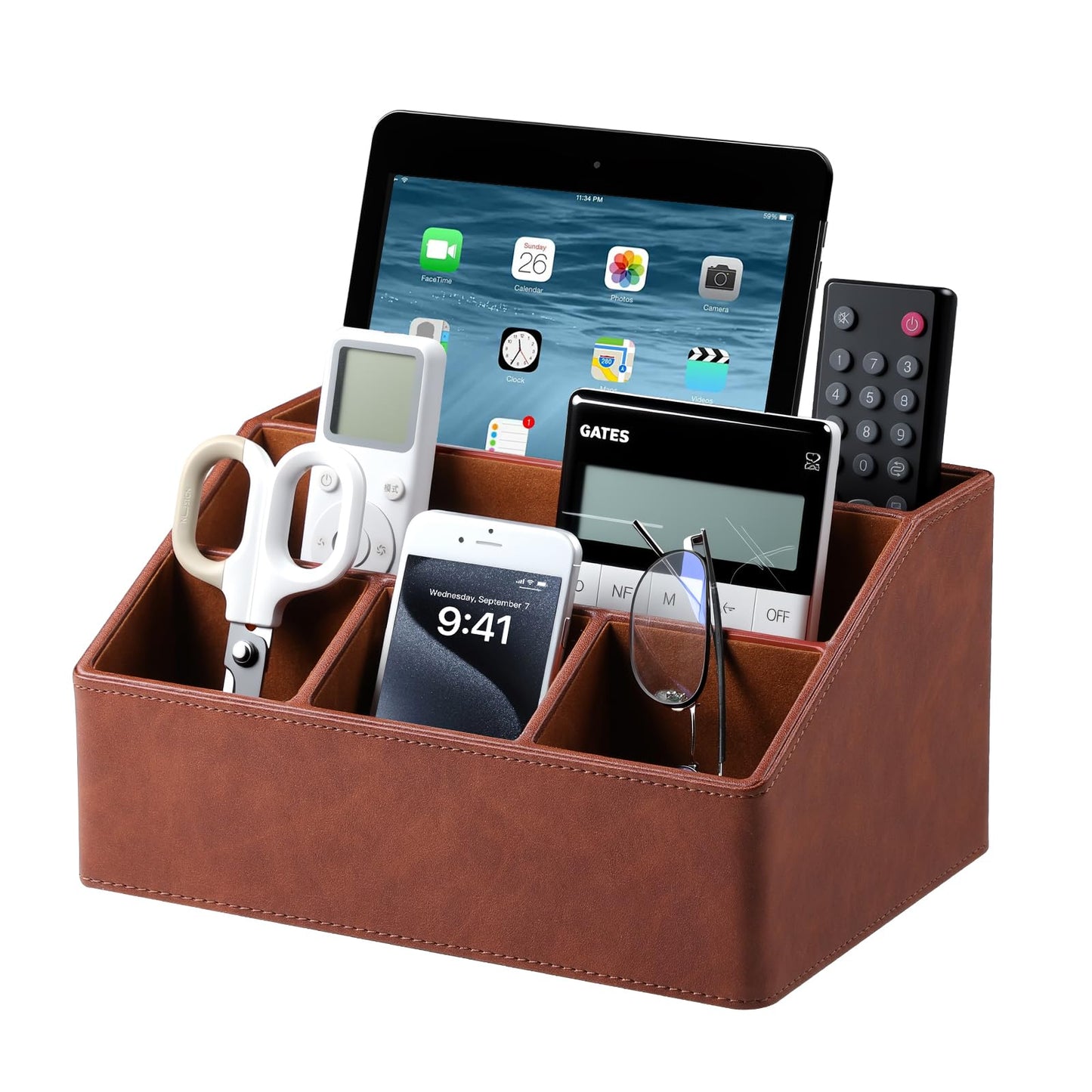 Cretkhp Desk Organizer Caddy with 5 Compartments for Office Art Supplies, PU Leather Nightstand Organizer Pencil Pen Desk Caddy for Home, Desktop TV Remote Control Holder Storage (Brown)