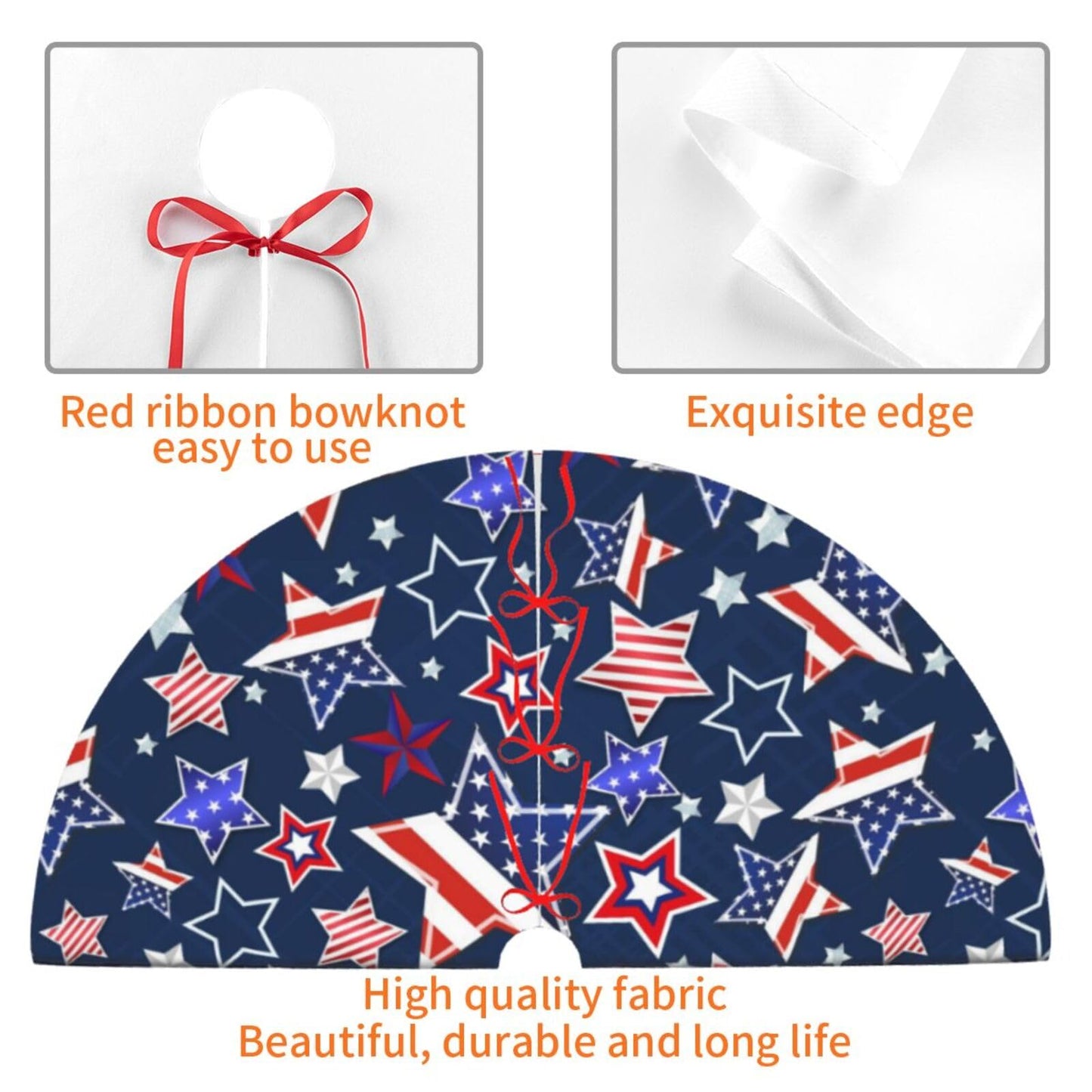 Patriotics Stars and Stripes Veterans Day 4th of July Memorial Day Christmas Tree Skirt - Plush Polyester Mat Resistant with 3 Red Ties for Xmas, Halloween Decorations, Party Decor 36"