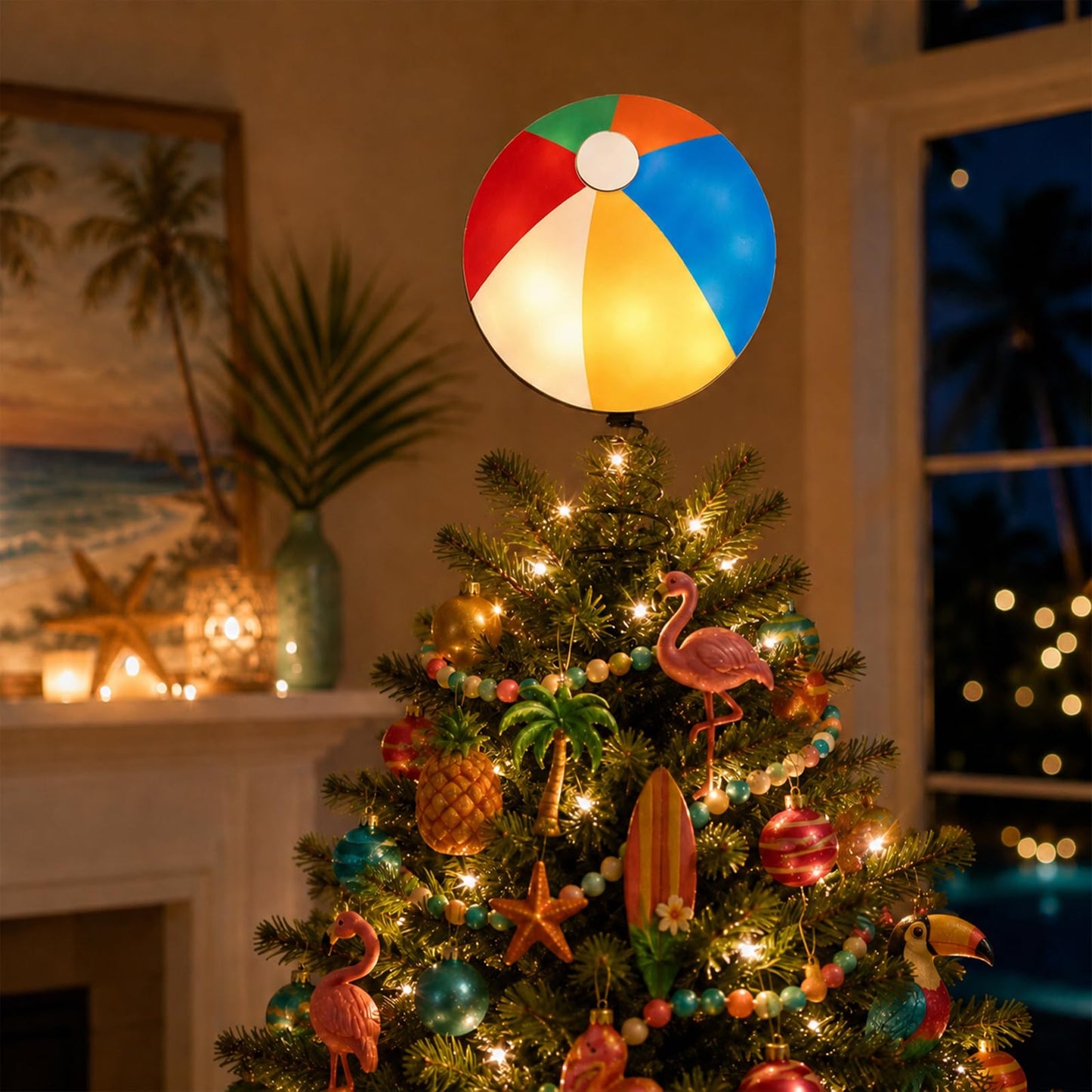 APUDWN 10 x 6.5 Inch Wood Beach Ball Tree Topper with LED Lights, Christmas in July Summer Tree Decorations for Tropical Pool Party Hawaiian Theme Battery Powered Beach Ball Holiday Decor